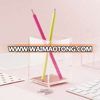 Wholesale Customized Acrylic Multifunctional Square Pen Pencil Ruler Holder Cup Desktop Stationery Organizer